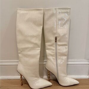 Women’s White Croc-Embossed Knee Boots with Gold Chain Heel